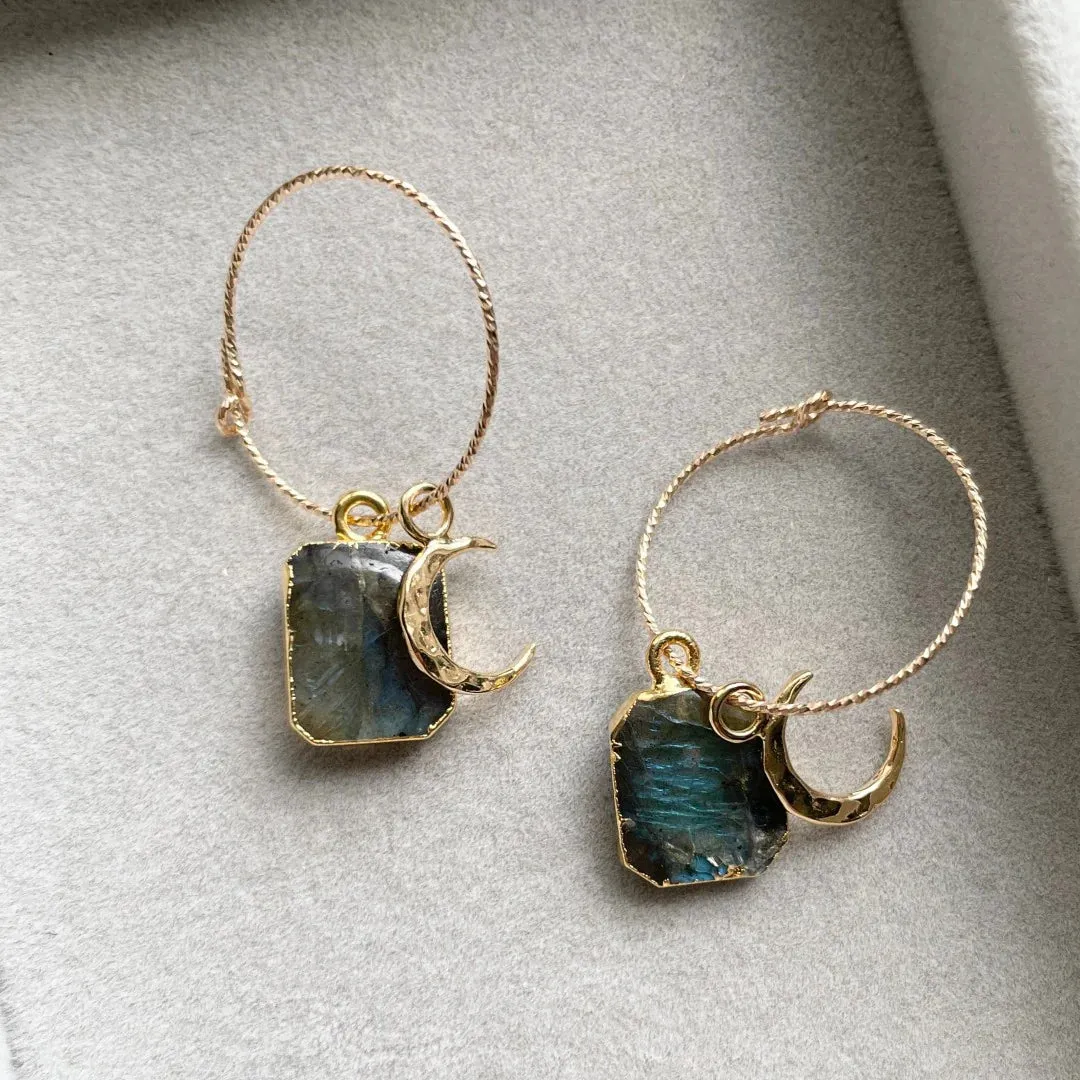 Labradorite & Moon Sparkle Rope Hoop Earrings - Adventure (Gold Plated)