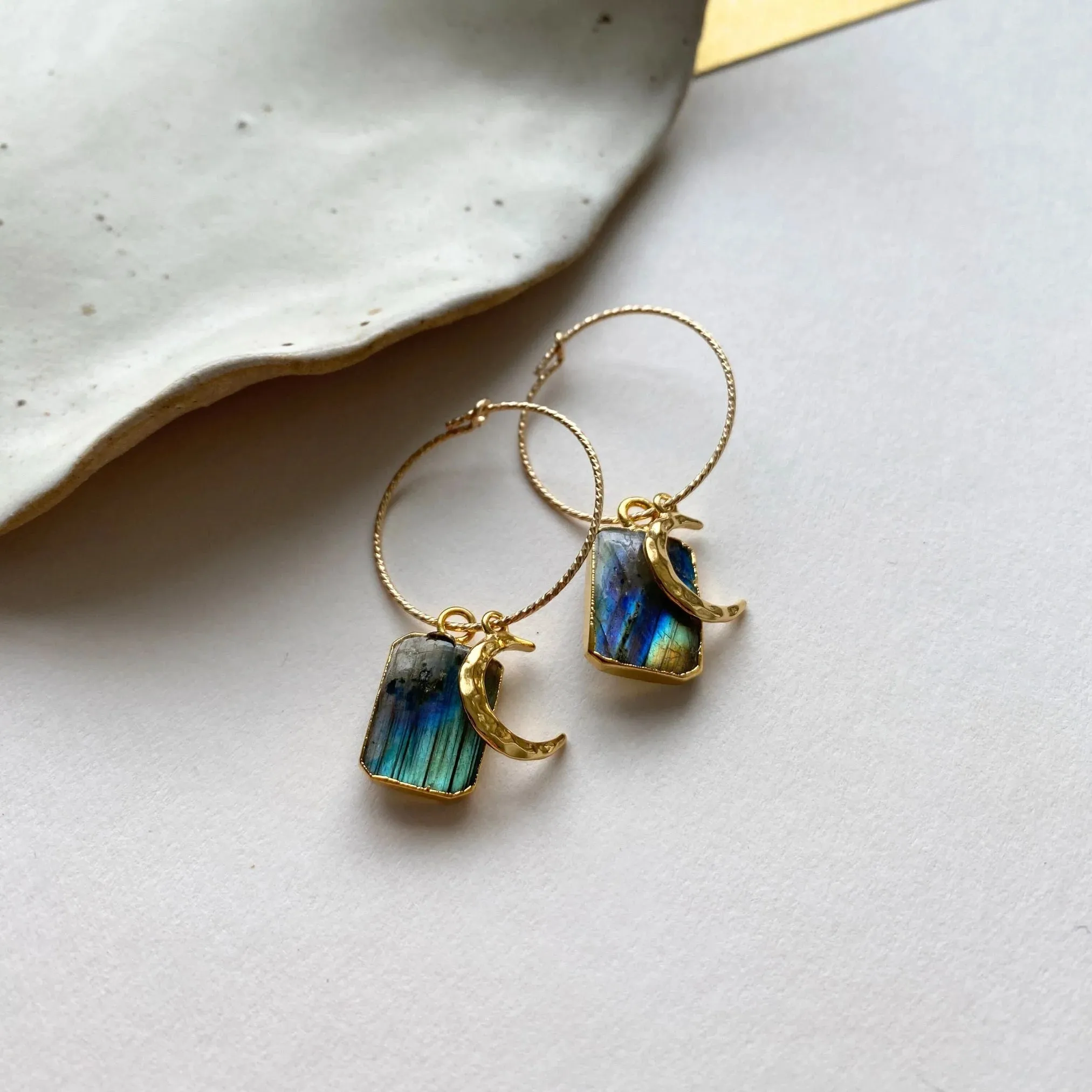 Labradorite & Moon Sparkle Rope Hoop Earrings - Adventure (Gold Plated)