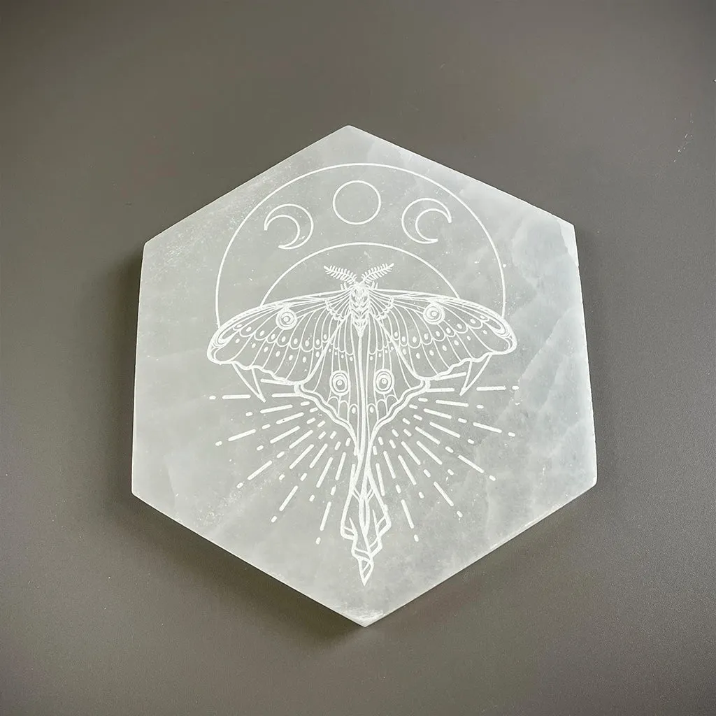 Selenite Hexagon Crystal Charging Plate - "Luna Moth"