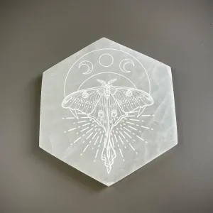 Selenite Hexagon Crystal Charging Plate - "Luna Moth"